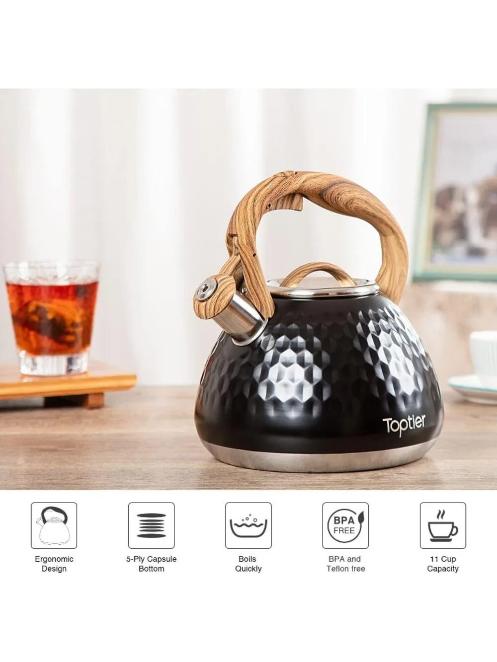 Black Kitchen Whistling Tea Kettle 2.7QT Stainless Steel Diamond Design Stovetop